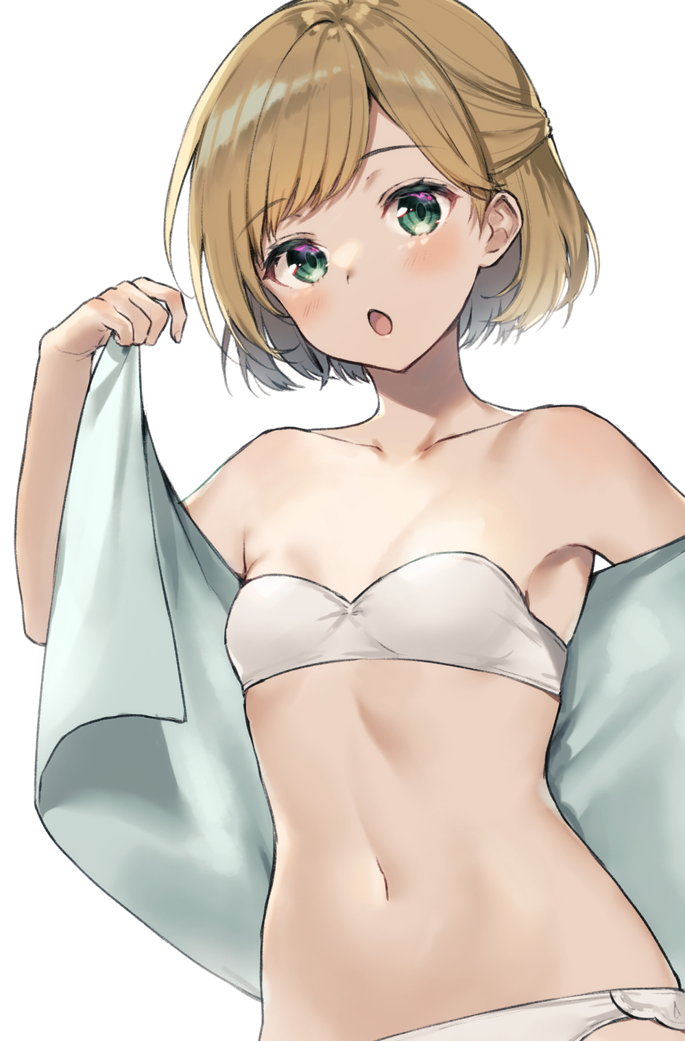 1girl bandeau bangs bare_arms bare_shoulders bikini blush breasts brown_hair collarbone eyebrows_visible_through_hair green_eyes half_updo highres holding holding_towel looking_at_viewer midorikawa_you navel open_mouth original short_hair simple_background small_breasts solo strapless strapless_bikini swimsuit towel white_background white_bikini