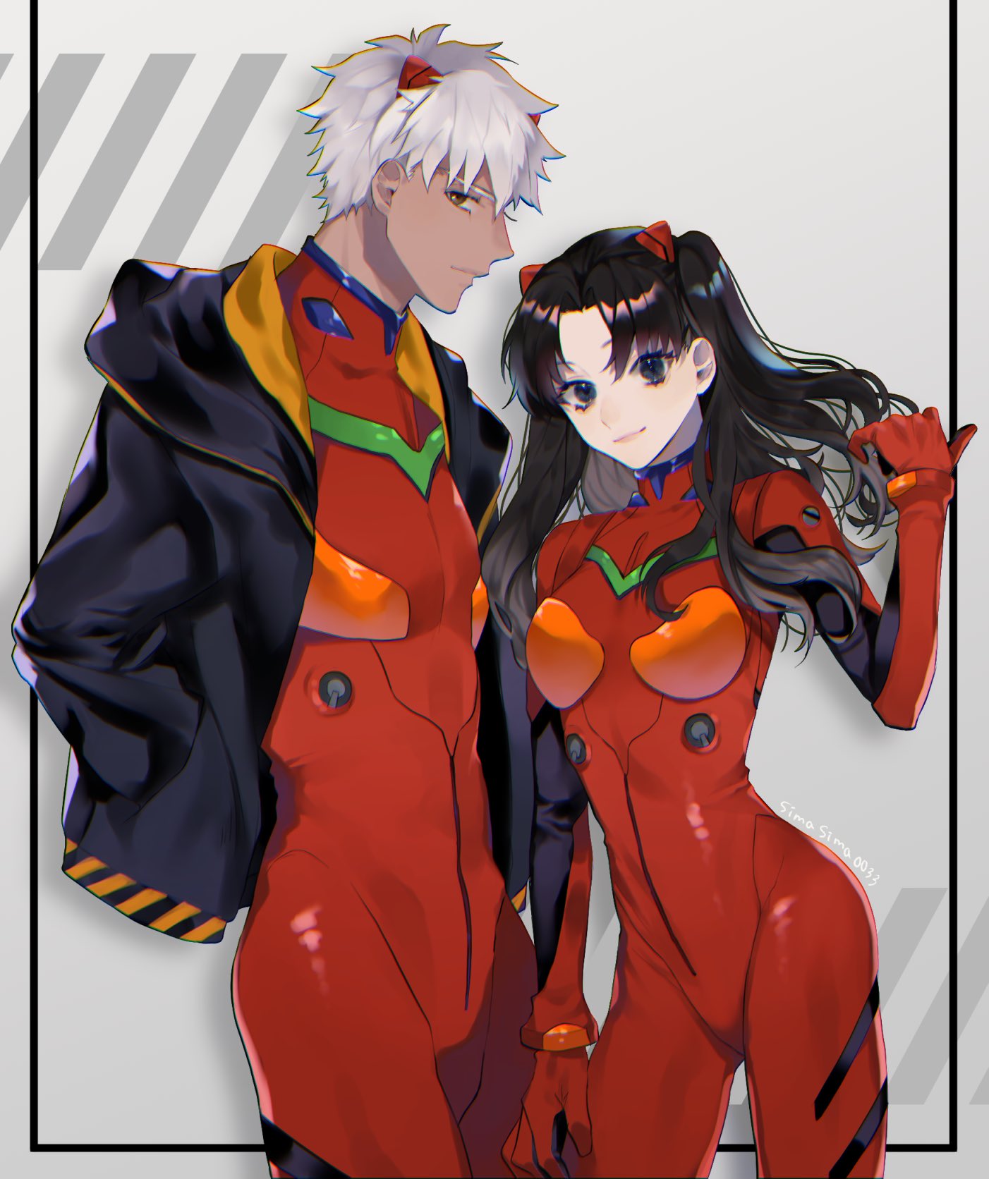 1boy 1girl archer arm_at_side bangs black_hair black_jacket blue_eyes bodysuit breasts closed_mouth commentary_request cosplay cowboy_shot dark_skin dark_skinned_male fate/stay_night fate_(series) grey_background grey_hair hair_ribbon hand_in_pocket hand_up highres jacket long_hair looking_at_viewer open_clothes open_jacket pale_skin parted_bangs pilot_suit plugsuit red_bodysuit ribbon shimatori_(sanyyyy) shiny shiny_hair short_hair small_breasts smile souryuu_asuka_langley souryuu_asuka_langley_(cosplay) standing tohsaka_rin two_side_up white_hair