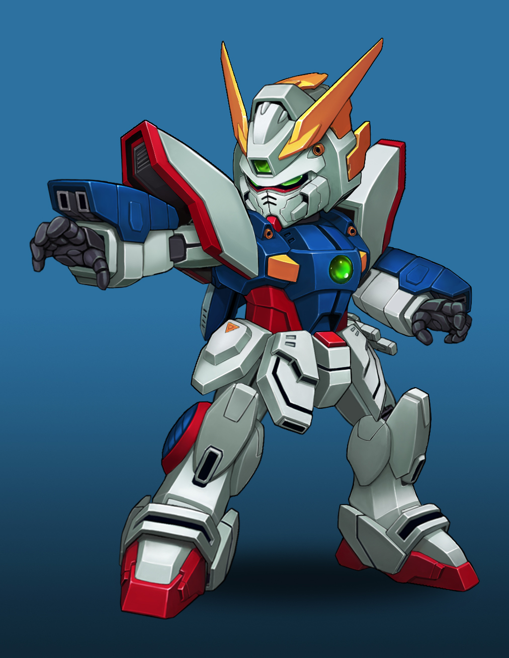 ffffiu fighting_stance g_gundam gradient gradient_background green_eyes gundam highres looking_to_the_side mecha no_humans open_hands parody science_fiction shining_gundam solo standing style_parody super_robot_wars v-fin