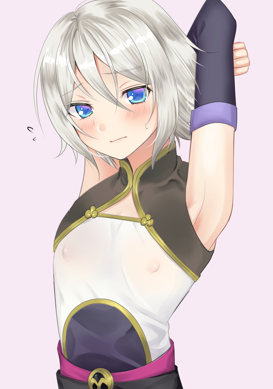 1boy armpits arms_up bangs blue_eyes blush cleavage_cutout closed_mouth clothing_cutout commentary_request detached_sleeves embarrassed fate/grand_order fate_(series) gao_changgong_(fate) gold_trim grey_hair highres looking_at_viewer male_focus mzmz0424 otoko_no_ko puffy_nipples purple_background see-through_skirt shirt sidelocks skirt sleeveless sleeveless_shirt solo sweatdrop upper_body