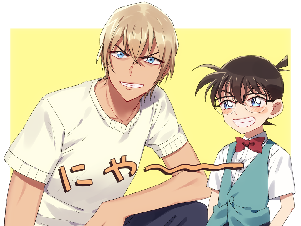 2boys amuro_tooru arms_at_sides bangs black-framed_eyewear blonde_hair blue_eyes blue_pants blue_vest blush border bow bowtie brown_hair child collared_shirt commentary_request edogawa_conan glasses grin happy k_(gear_labo) looking_at_viewer male_focus meitantei_conan multiple_boys outside_border pants red_bow red_neckwear shirt short_hair short_sleeves simple_background smile teeth upper_body vest white_border white_shirt yellow_background