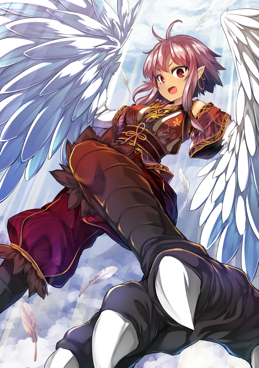 1girl brown_feathers clouds commentary_request earrings fang feathered_wings feathers harpy highres hoop_earrings jewelry monster_girl open_mouth original pointy_ears red_eyes short_hair sidelocks sky solo talons tousen white_feathers winged_arms wings