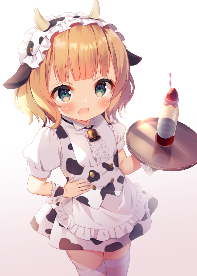 1girl adapted_costume animal_ears animal_print apron bangs bell blonde_hair blush brown_background brown_legwear center_frills chitosezaka_suzu collared_shirt commentary_request cow_ears cow_horns cow_print drinking_straw eyebrows_visible_through_hair fake_animal_ears fake_horns fleur_de_lapin_uniform frilled_apron frilled_hairband frills gochuumon_wa_usagi_desu_ka? gradient gradient_background green_eyes hairband hand_on_hip holding holding_tray horns kirima_sharo open_mouth pleated_skirt print_hairband print_skirt puffy_short_sleeves puffy_sleeves shirt short_sleeves skirt solo standing thigh-highs tray uniform waist_apron waitress white_apron white_background white_hairband white_skirt wrist_cuffs