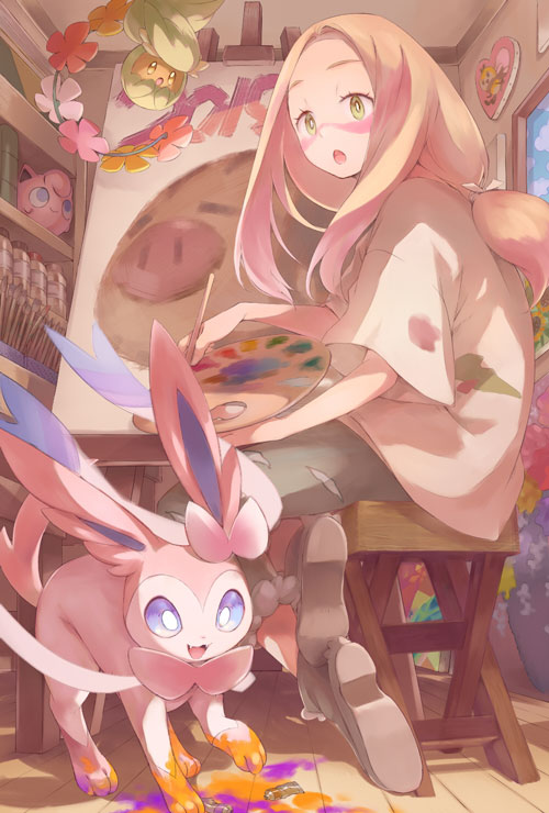 1girl blonde_hair bright_pupils comfey commentary_request easel eyelashes facepaint from_below gen_1_pokemon gen_2_pokemon gen_6_pokemon gen_7_pokemon green_eyes holding indoors jigglypuff long_hair mina_(pokemon) orange_mikan oversized_clothes oversized_shirt paint paintbrush pants pokemon pokemon_(creature) pokemon_(game) pokemon_sm ribombee shirt shoes short_sleeves sitting stool swinub sylveon table torn_clothes torn_pants trial_captain