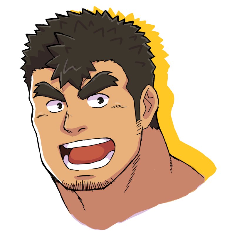 1boy close-up cropped_shoulders face facial_hair forked_eyebrows goatee kengo_(tokyo_houkago_summoners) long_sideburns male_focus shigetashigezo short_hair sideburns smile solo stubble thick_eyebrows tokyo_houkago_summoners