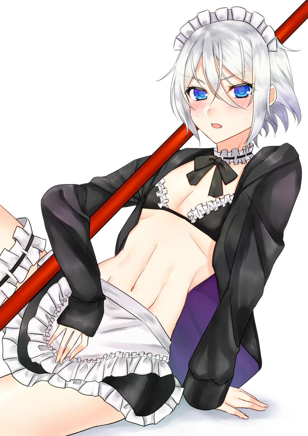1boy apron arm_support bangs bikini black_bow blush bow choker commentary_request cowboy_shot crossdressinging eyebrows_visible_through_hair fate/grand_order fate_(series) frilled_bikini frilled_choker frilled_skirt frills gao_changgong_(fate) hair_between_eyes highres jacket leaning_back long_sleeves looking_at_viewer maid_apron maid_bikini maid_headdress male_focus medium_hair mzmz0424 navel open_clothes open_jacket otoko_no_ko sidelocks silver_hair simple_background sitting skirt solo swimsuit thigh_strap toned toned_male white_background
