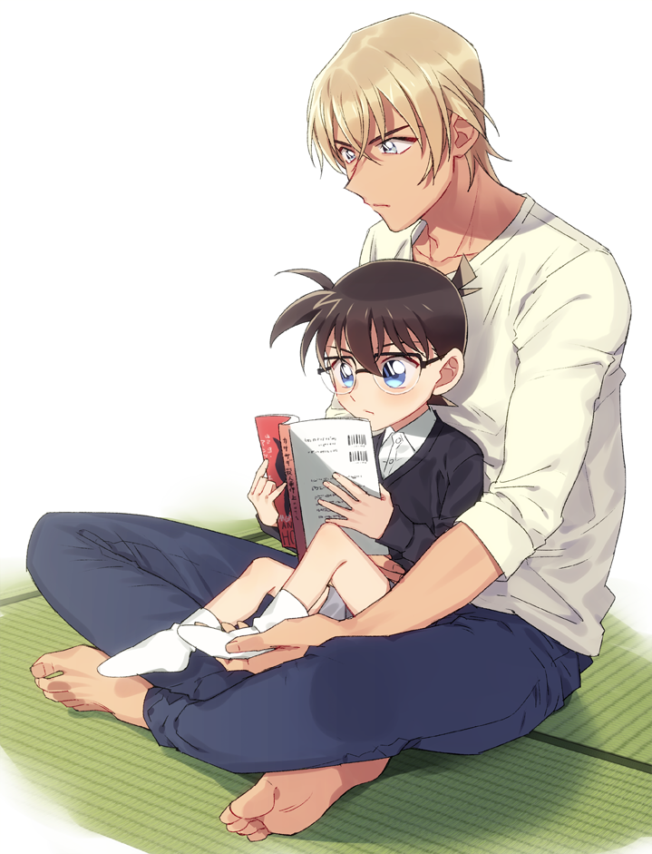 2boys amuro_tooru arm_around_waist bangs barefoot black-framed_eyewear black_cardigan blonde_hair blue_eyes blue_pants blush book brown_hair cardigan casual child closed_mouth collarbone collared_shirt commentary_request edogawa_conan full_body glasses grey_shorts hair_between_eyes holding holding_another's_foot holding_book indian_style k_(gear_labo) long_sleeves looking_down male_focus meitantei_conan multiple_boys no_shoes on_floor open_book pants reading shirt short_hair shorts simple_background sitting sitting_on_lap sitting_on_person socks tatami white_background white_legwear white_shirt