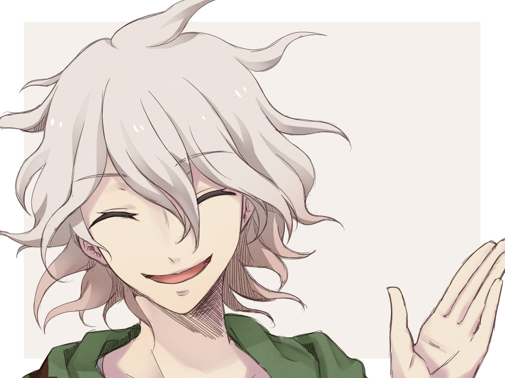 1boy :d ^_^ bangs border closed_eyes commentary_request dangan_ronpa_(series) dangan_ronpa_2:_goodbye_despair evil_smile eyebrows_visible_through_hair face facing_viewer green_jacket grey_background grey_hair hair_between_eyes hand_up jacket komaeda_nagito male_focus nico_(nico_alice) open_mouth pale_skin short_hair simple_background smile solo upper_body white_border