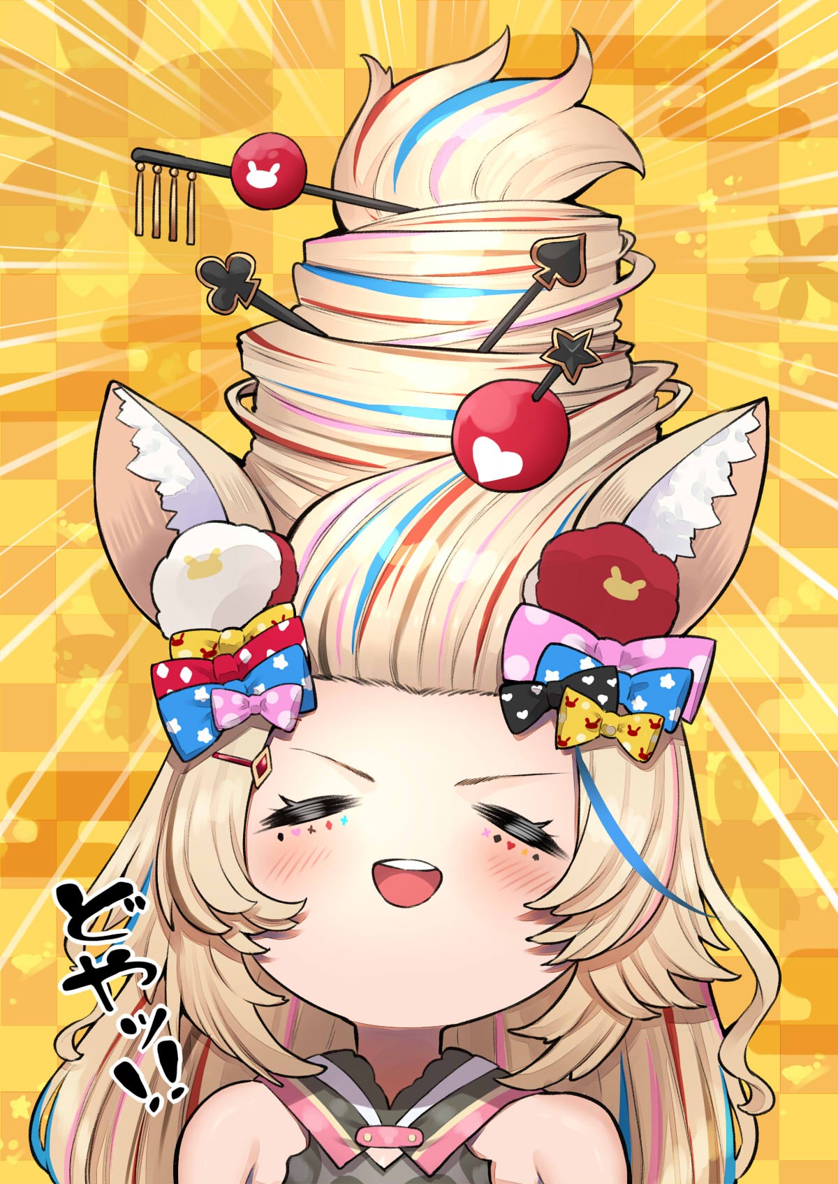 1girl alternate_hairstyle animal_ears blonde_hair blush bow buck_teeth closed_eyes club_hair_ornament commentary_request diamond_hair_ornament fennec_fox fox_ears fox_girl hair_bow hair_ornament hair_up highres holofive hololive mikan_(chipstar182) omaru_polka open_mouth playing_card_theme smile solo spade_hair_ornament virtual_youtuber