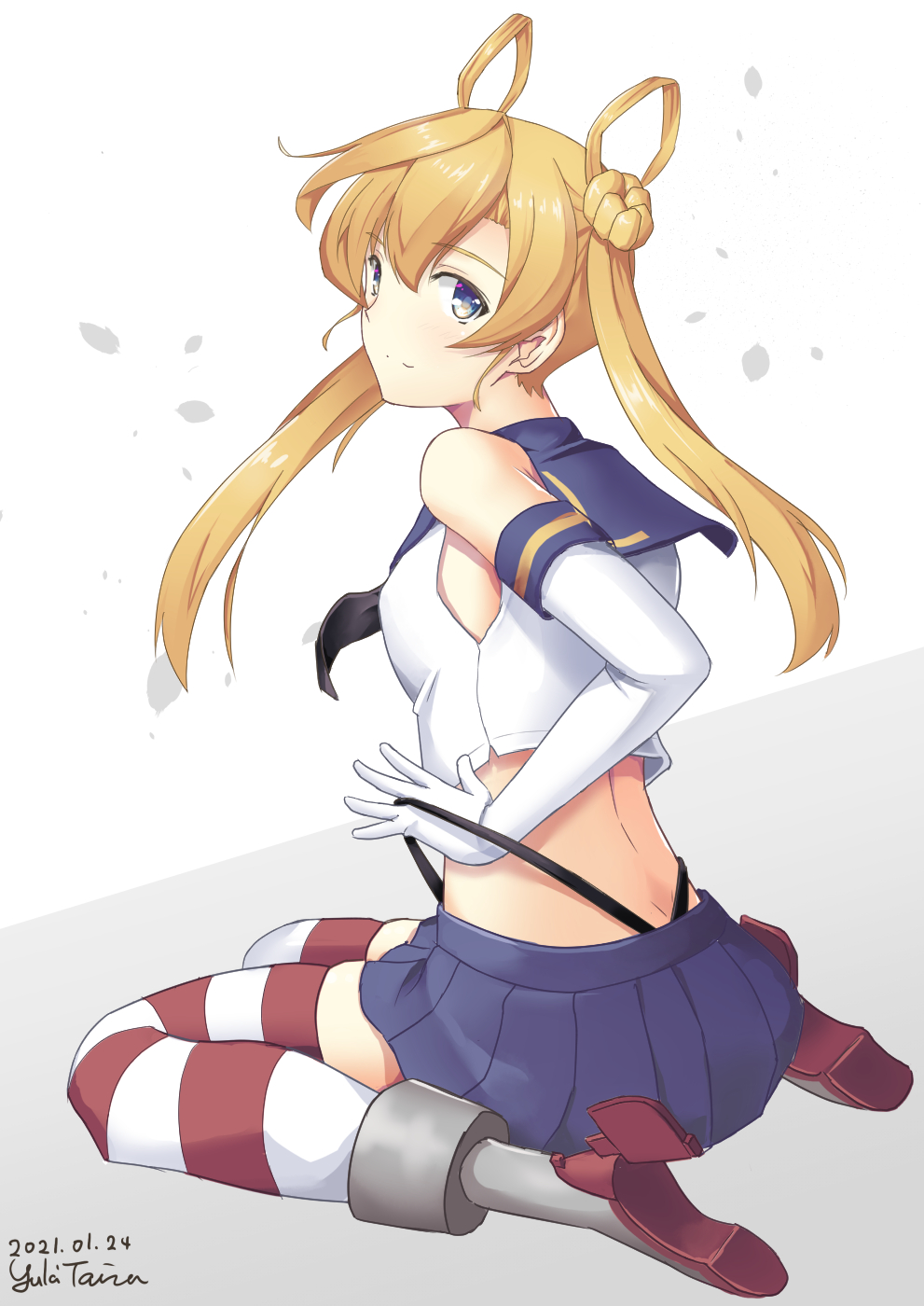 1girl abukuma_(kantai_collection) bangs black_panties blonde_hair blue_eyes blue_skirt breasts cosplay crop_top double_bun elbow_gloves gloves grey_eyes hair_between_eyes hair_rings highleg highleg_panties highres kantai_collection long_hair miniskirt panties pleated_skirt rudder_footwear school_uniform serafuku shimakaze_(kantai_collection) shimakaze_(kantai_collection)_(cosplay) sitting skirt small_breasts solo striped striped_legwear taira_yuuki thigh-highs thong underwear wariza white_gloves