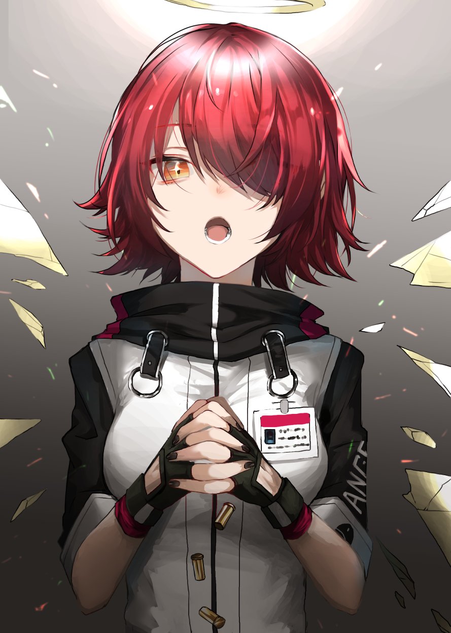 +_+ 1girl :o arknights black_gloves breasts clothes_writing commentary_request detached_wings exusiai_(arknights) fingerless_gloves gloves gradient gradient_background hair_between_eyes hair_over_one_eye halo hands_together highres jacket long_sleeves medium_breasts name_tag o294468199 open_mouth praying red_eyes redhead shell_casing short_hair solo upper_body white_jacket wings