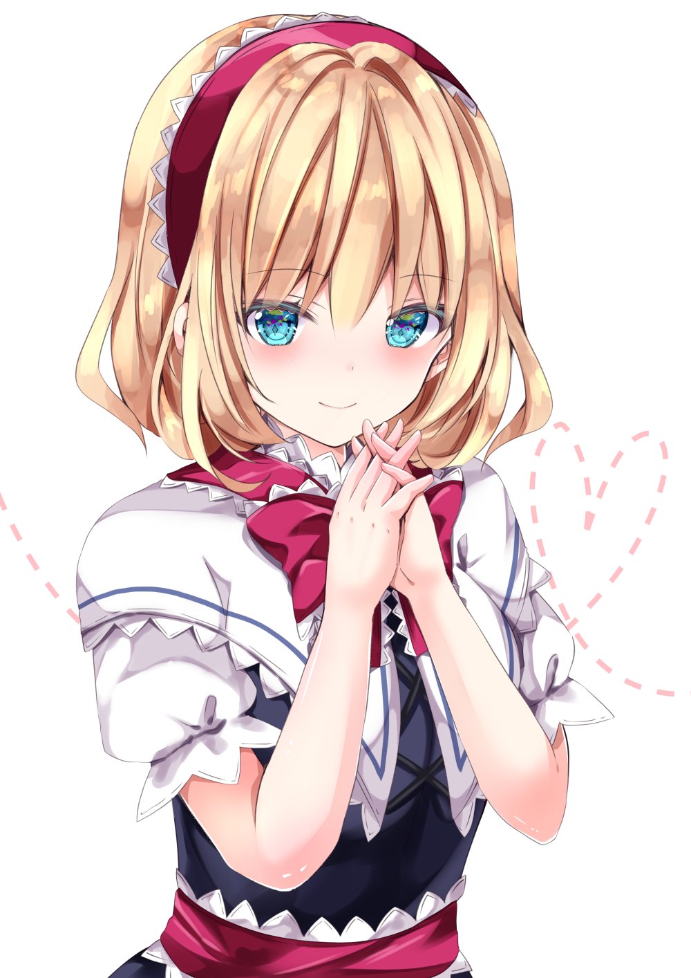 1girl alice_margatroid aqua_eyes bangs blonde_hair blue_dress blush bow bowtie breasts capelet closed_mouth cross-laced_clothes dotted_line dress eyebrows_visible_through_hair hair_between_eyes hairband hands_clasped highres looking_at_viewer nanase_nao own_hands_together puffy_short_sleeves puffy_sleeves red_bow red_hairband red_neckwear red_sash sash shiny shiny_hair short_hair short_sleeves simple_background small_breasts smile solo touhou white_background white_capelet