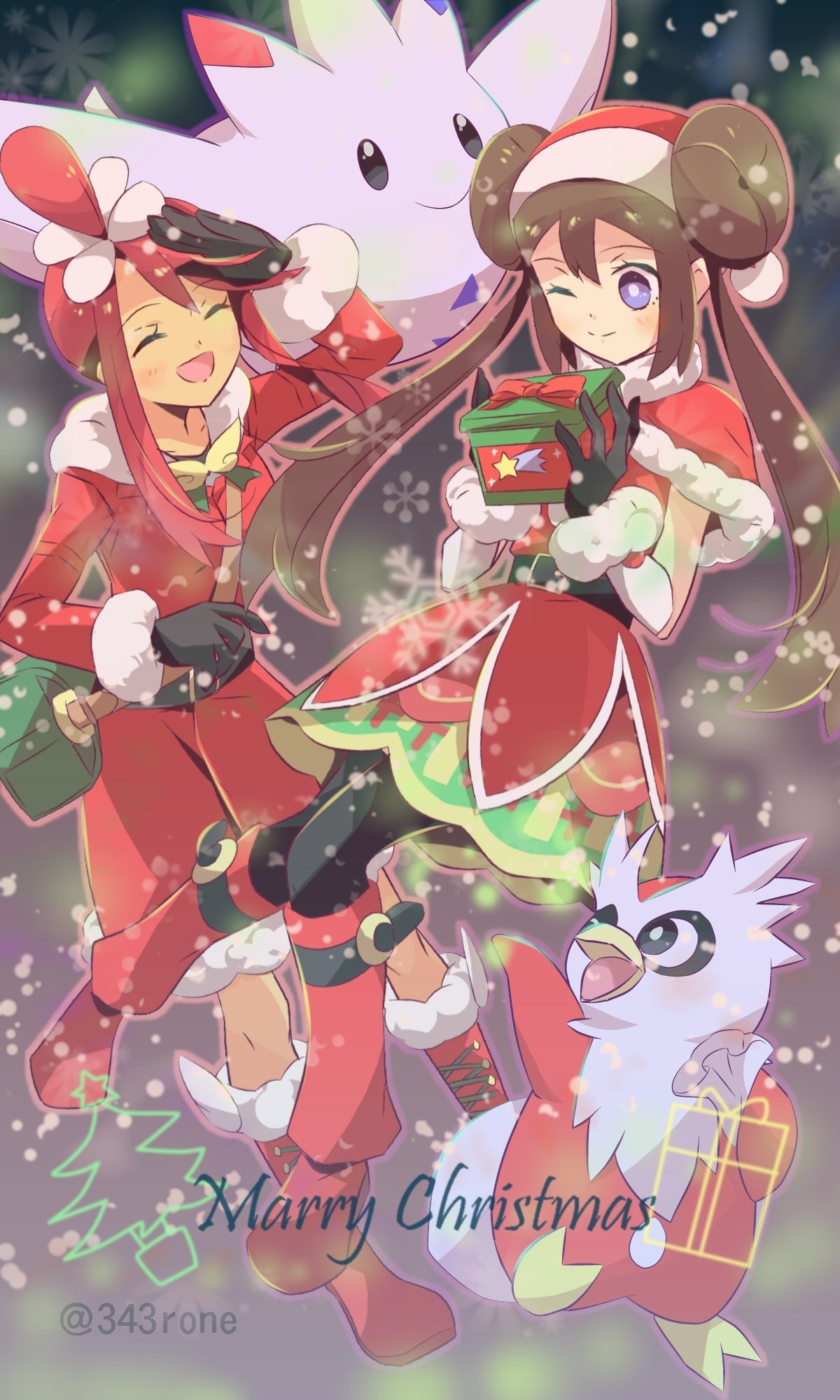 2girls 343rone ;) artist_name bangs belt black_gloves black_legwear boots brown_hair capelet christmas closed_mouth commentary delibird double_bun dress english_text engrish_text eyelashes fur-trimmed_capelet fur_trim gen_2_pokemon gen_4_pokemon gloves hair_ornament hat highres knees knees_together_feet_apart long_hair merry_christmas multiple_girls one_eye_closed open_mouth pantyhose pokemon pokemon_(creature) pokemon_(game) pokemon_masters_ex ranguage red_capelet red_footwear red_headwear redhead rosa_(pokemon) santa_hat sidelocks skyla_(pokemon) smile togekiss twintails typo violet_eyes watermark