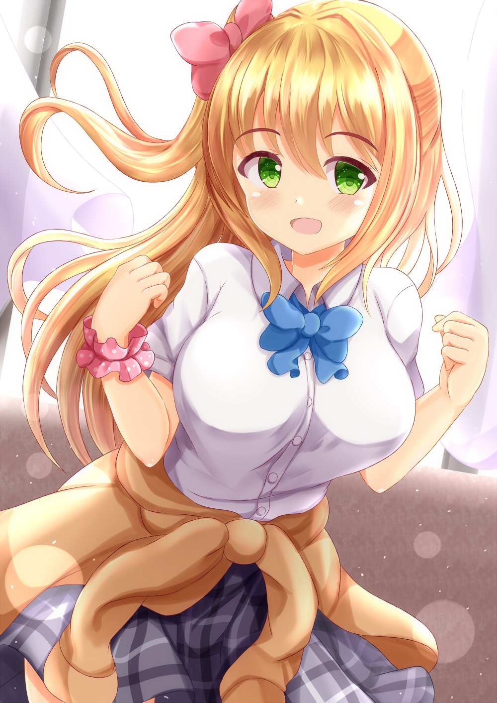 1girl :d blonde_hair blue_bow blush bow breasts brown_cardigan cardigan cardigan_around_waist clothes_around_waist collared_shirt commentary_request curtains dress_shirt green_eyes grey_skirt hair_bow hands_up highres large_breasts long_hair looking_at_viewer one_side_up open_mouth original pink_bow school_uniform shirt short_sleeves skirt smile solo very_long_hair white_shirt window zenon_(for_achieve)