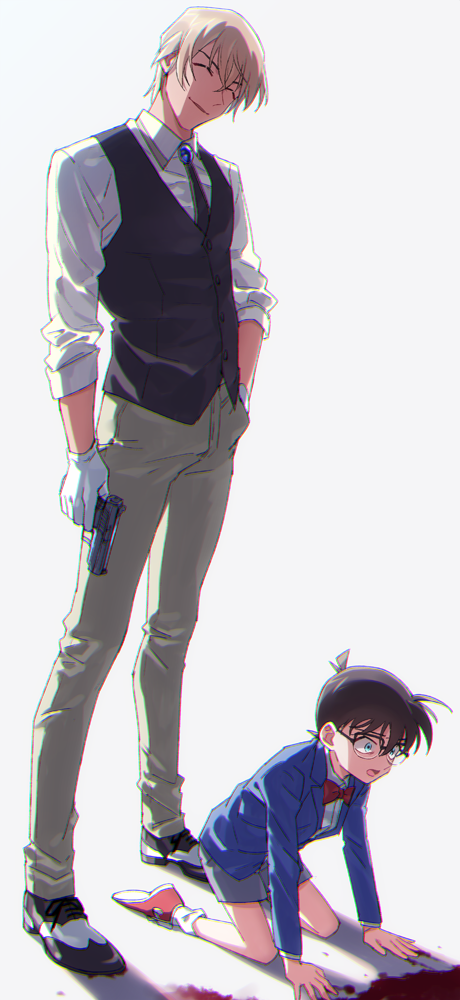 2boys ^_^ amuro_tooru arm_at_side arm_support bangs black-framed_eyewear black_footwear black_neckwear black_vest blazer blonde_hair blood blue_eyes blue_jacket bow bowtie brown_hair child closed_eyes closed_mouth collared_shirt commentary_request edogawa_conan facing_to_the_side full_body glasses gloves grey_pants gun hair_between_eyes hand_in_pocket handgun head_tilt holding holding_gun holding_weapon jacket k_(gear_labo) kneeling long_sleeves looking_to_the_side male_focus meitantei_conan multiple_boys necktie open_mouth pants pool_of_blood red_bow red_neckwear shadow shirt shoes short_hair short_sleeves simple_background smile sneakers socks standing vest weapon white_background white_gloves white_legwear white_shirt wide-eyed