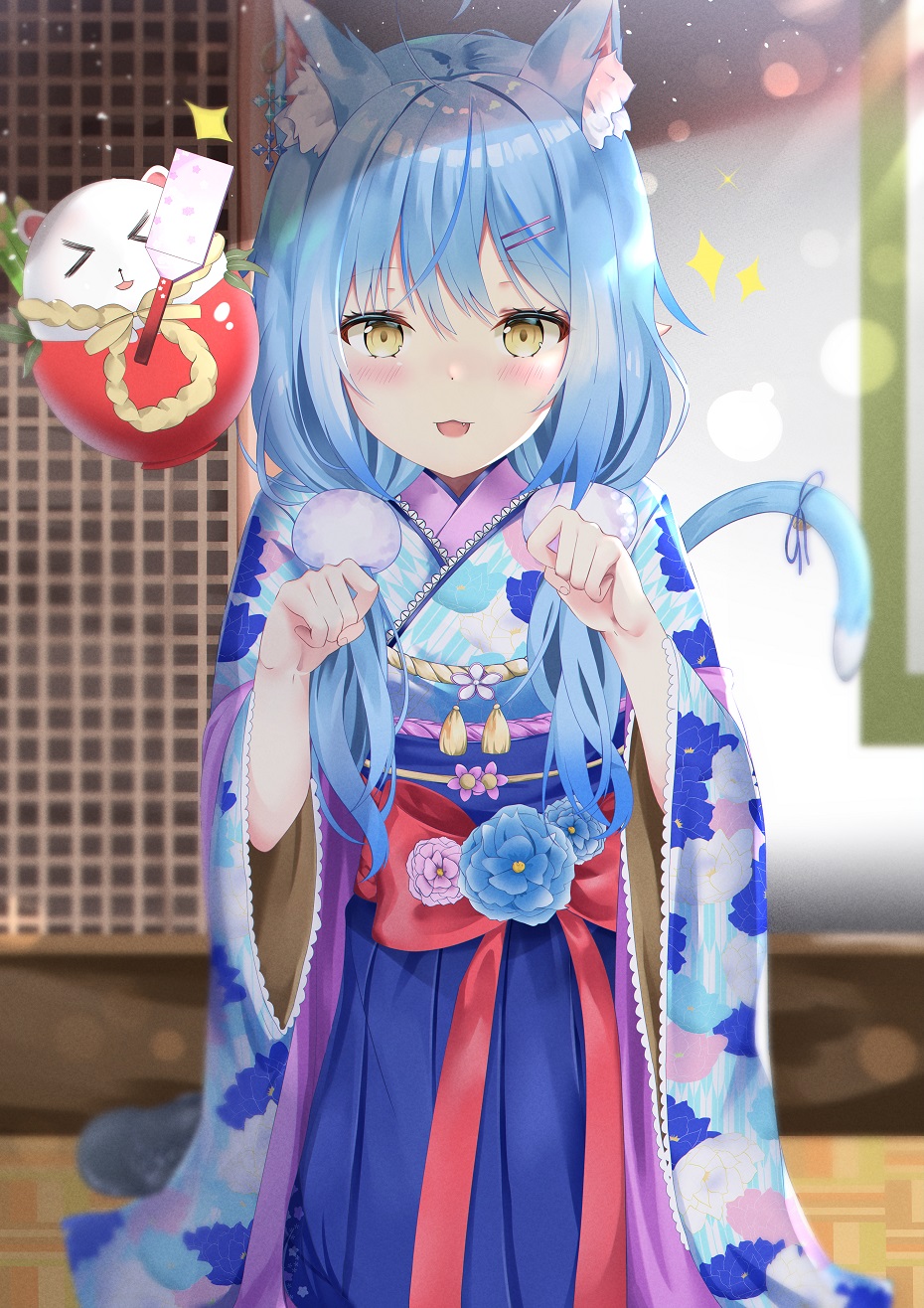 1girl :3 ahoge animal_ears architecture bangs black_footwear blue_hair blue_kimono blurry blush bokeh boots cat_ears cat_girl creature daifuku_(yukihana_lamy) depth_of_field east_asian_architecture elf eyelashes fang floral_print full_body hair_between_eyes hair_ornament hairclip hakama heart_ahoge highres hololive japanese_clothes kimono kneeling long_hair looking_at_viewer low_twintails obi obiage obijime parted_lips paw_pose pointy_ears ribbon sash shirt smile solo sparkle tail tail_ornament tail_ribbon twintails u.b_m1s2s virtual_youtuber white_shirt yellow_eyes yukihana_lamy