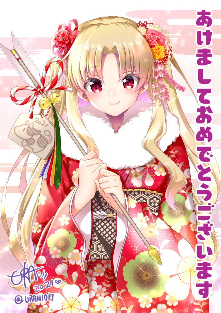 1girl arrow_(projectile) bangs bell blonde_hair blush chinese_zodiac closed_mouth commentary_request ema ereshkigal_(fate/grand_order) eyebrows_visible_through_hair fate/grand_order fate_(series) floral_print flower fur_collar hair_flower hair_ornament hamaya hands_up heart holding holding_arrow japanese_clothes jingle_bell kimono long_sleeves looking_at_viewer nengajou new_year obi parted_bangs print_kimono red_eyes red_flower red_kimono sash signature smile solo translation_request twitter_username two_side_up upper_body uran_(uran-factory) wide_sleeves year_of_the_ox