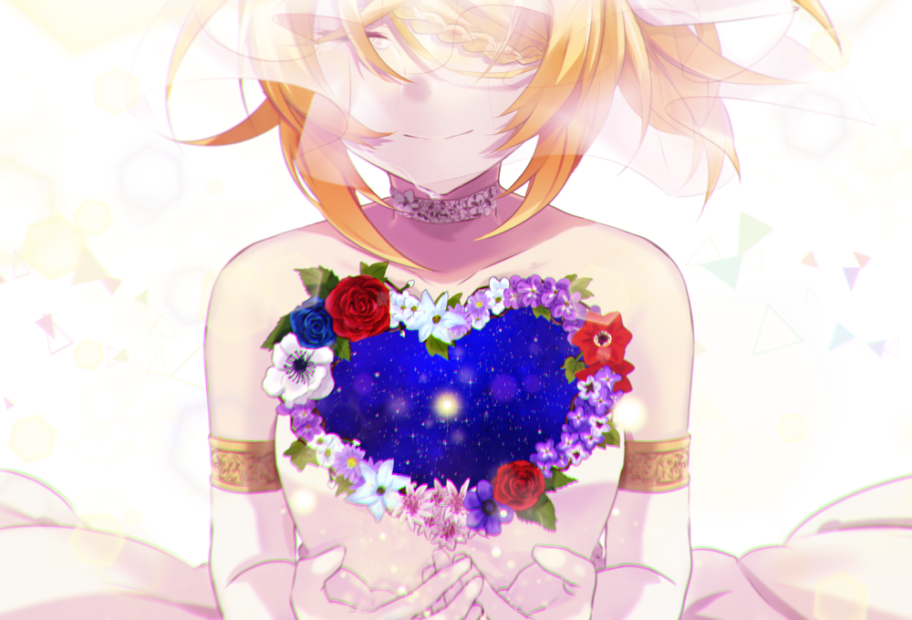 backlighting bangs bare_shoulders blonde_hair blue_flower blue_rose braid braided_bangs bridal_veil bride choker closed_eyes closed_mouth crying dress elbow_gloves flower flower_trim gloves hair_over_one_eye hara_paix heart holding holding_heart kagamine_rin pale_skin red_flower red_rose rose short_hair smile solo strapless strapless_dress swept_bangs veil vocaloid wedding_dress white_dress