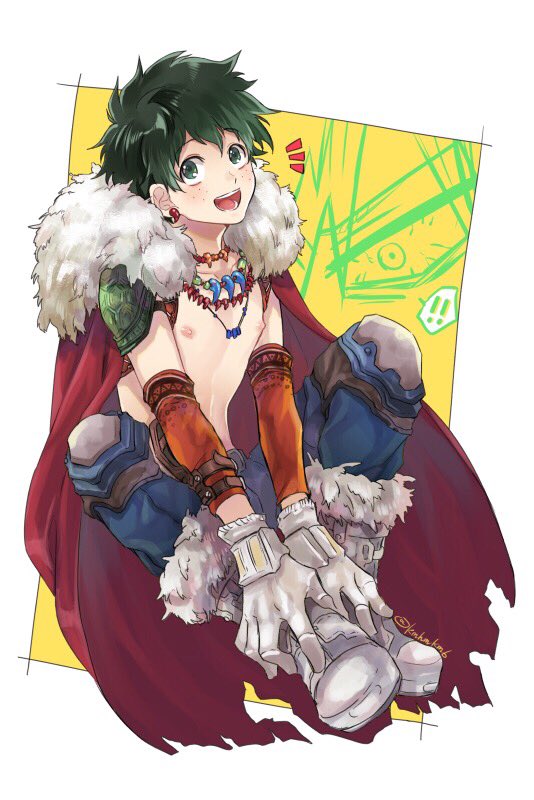 !! 1boy :d bakugou_katsuki bakugou_katsuki_(cosplay) bangs boku_no_hero_academia boots cape commentary_request cosplay earrings freckles full_body fur_trim gloves green_eyes green_hair grey_footwear jewelry knee_boots knees_up kumori-ya looking_at_viewer male_focus midoriya_izuku necklace nipples official_alternate_costume open_mouth pants red_cape short_hair sitting smile solo tooth_necklace torn_cape torn_clothes v_arms white_background
