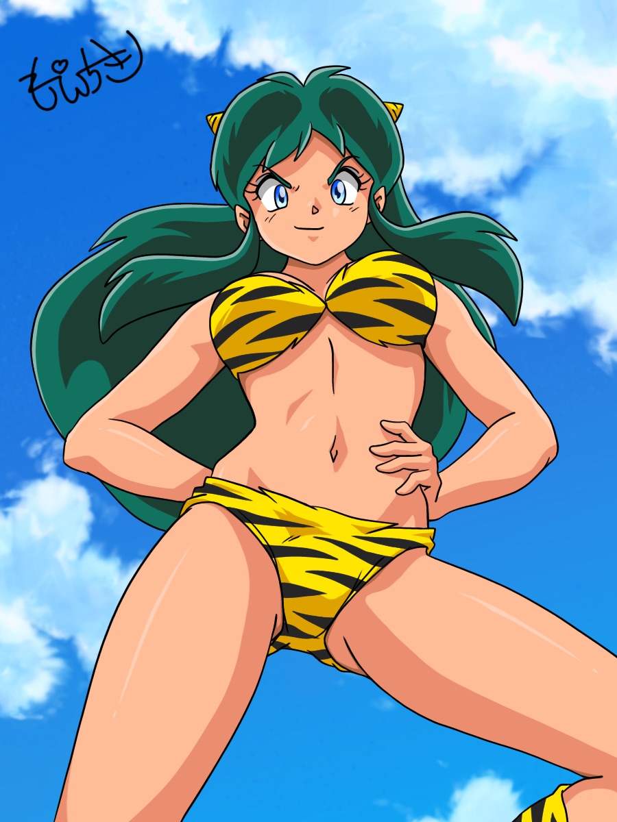 1980s_(style) 1girl animal_print arm_behind_back ass_visible_through_thighs bikini blue_eyes boots breasts clouds cloudy_sky cowboy_shot eyeshadow from_below green_hair groin hand_on_hip highres horns large_breasts long_hair looking_at_viewer looking_down lum makeup moechiki navel oni oni_horns retro_artstyle sidelocks sky smile solo strapless strapless_bikini swimsuit tiger_print tiger_stripes urusei_yatsura