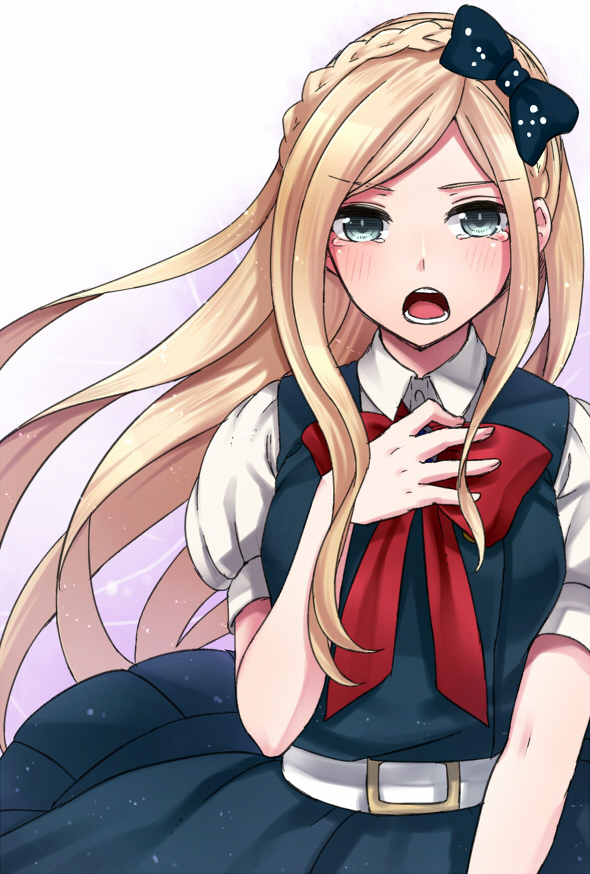 1girl bangs belt black_bow blonde_hair blush bow braid breasts collared_shirt commentary_request cowboy_shot dangan_ronpa_(series) dangan_ronpa_2:_goodbye_despair dress green_dress hair_bow hand_on_own_chest large_breasts long_hair looking_at_viewer multicolored multicolored_background nico_(nico_alice) open_mouth pinafore_dress puffy_short_sleeves puffy_sleeves red_bow red_neckwear shirt short_sleeves sleeveless sleeveless_dress smile solo sonia_nevermind tearing_up white_belt