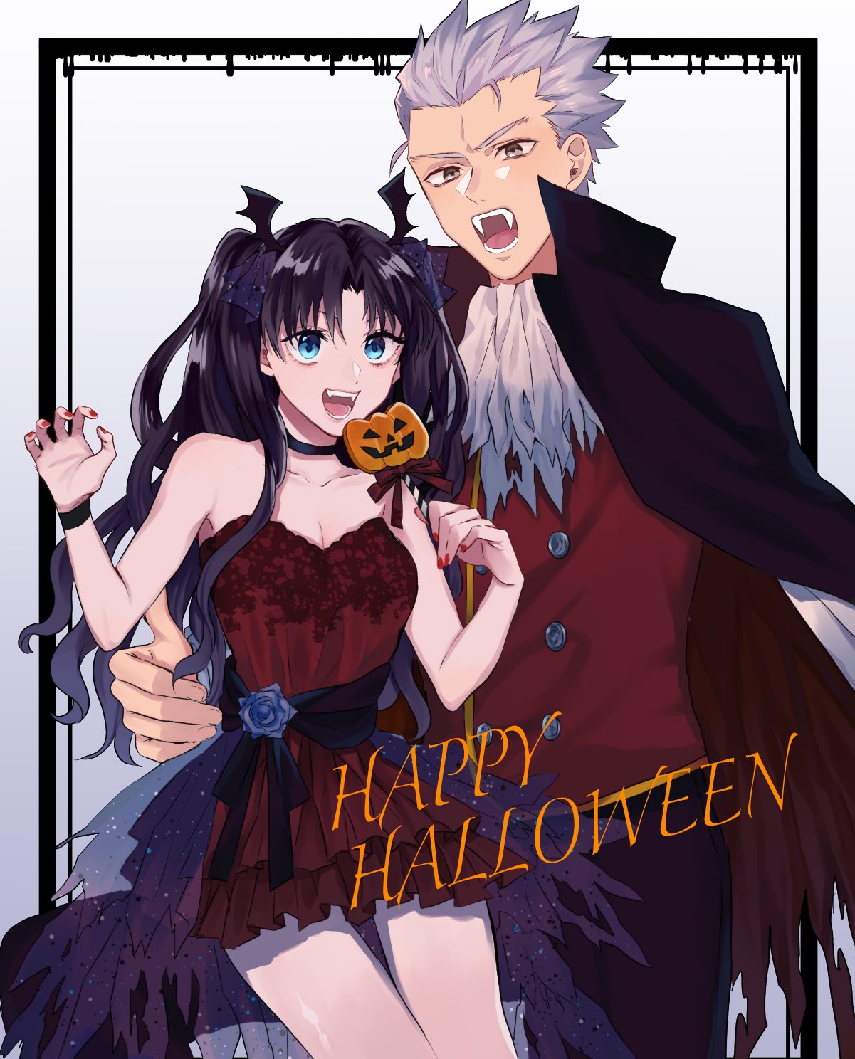 1boy 1girl archer bangs bat_hair_ornament black_hair black_ribbon blue_eyes blue_flower cape choker collarbone commentary_request cowboy_shot dark_skin dress fangs fate/stay_night fate_(series) flower grey_hair hair_ornament halloween halloween_costume hand_on_hip hands_up highres hover_hand jack-o'-lantern long_hair looking_at_viewer nail_polish open_mouth red_cape red_dress red_nails red_vest ribbon shimatori_(sanyyyy) tohsaka_rin torn_cape torn_clothes two-sided_cape two-sided_fabric two_side_up vampire_costume vest white_background