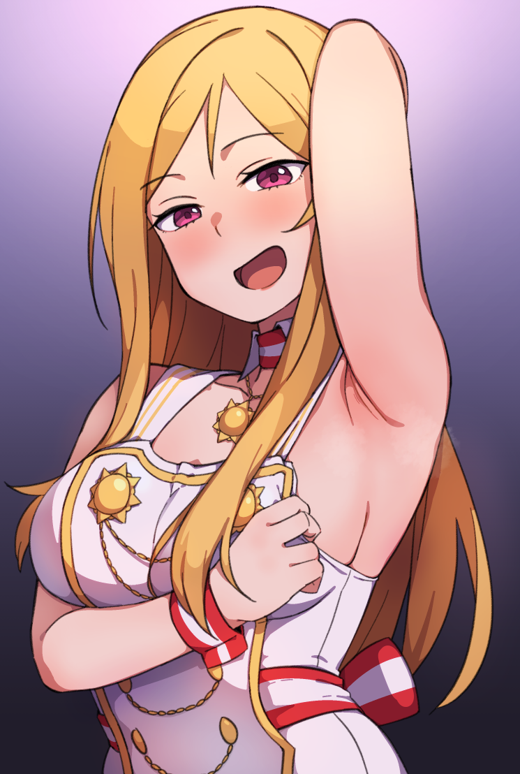 1girl :d armpits black_background blonde_hair breasts commentary_request detached_collar dress eyebrows_visible_through_hair gradient gradient_background idolmaster idolmaster_million_live! idolmaster_million_live!_theater_days jewelry korean_commentary kwaejina large_breasts long_hair looking_at_viewer mixed-language_commentary momose_rio necklace open_mouth purple_background sideboob simple_background sleeveless sleeveless_dress smile straight_hair upper_body very_long_hair violet_eyes white_dress wrist_cuffs
