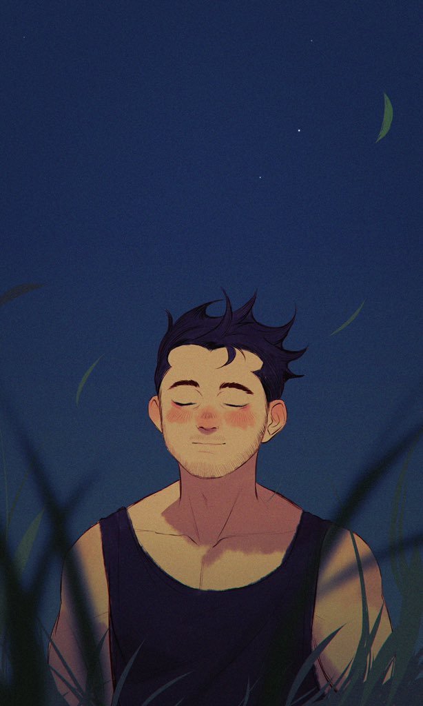 1boy bare_shoulders black_hair black_tank_top blush closed_eyes crescent_moon facial_hair male_focus messy_hair moon night night_sky original pectorals powerlesssong short_hair sky solo stubble tank_top toned toned_male upper_body wind