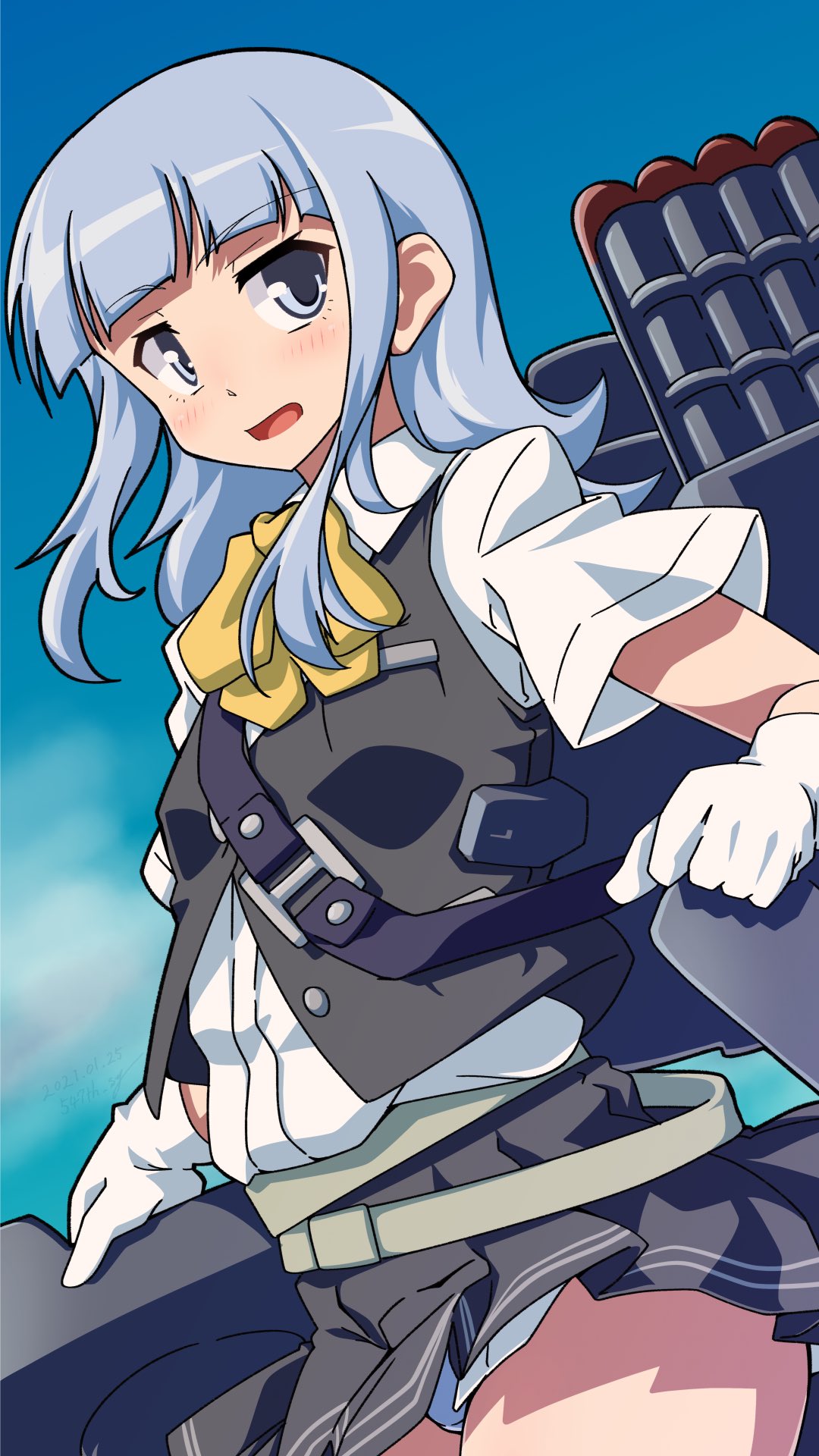 1girl 547th_sy ascot black_vest blouse blue_hair cannon cowboy_shot dated hatsukaze_(kantai_collection) highres hime_cut kantai_collection panties solo underwear vest white_blouse