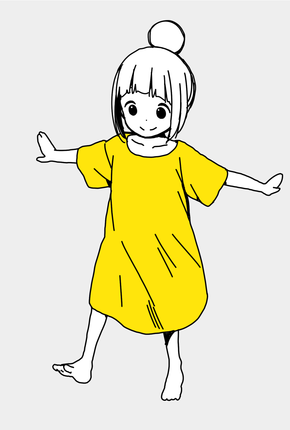 1girl alternate_hairstyle bangs barefoot blunt_bangs closed_mouth collarbone disconnected_mouth dot_nose full_body grey_background hair_bun highres katsuwo_(cr66g) kise_sacchan leg_up looking_down mitsuboshi_colors outstretched_arms shirt short_hair simple_background sketch smile solo spot_color spread_arms standing standing_on_one_leg yellow_shirt