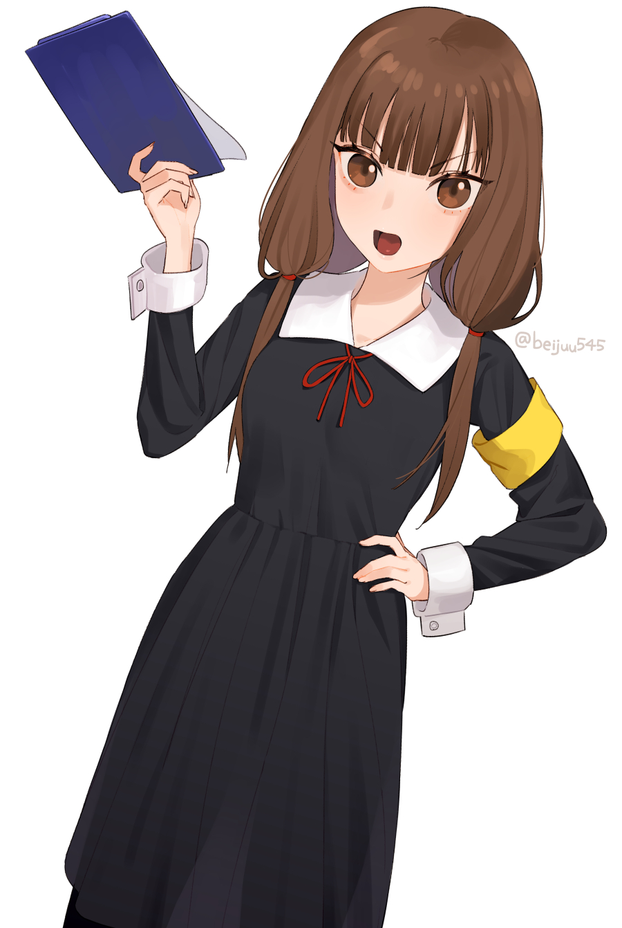 1girl armband bangs beijuu black_dress brown_eyes brown_hair dress hand_on_hip highres iino_miko kaguya-sama_wa_kokurasetai_~tensai-tachi_no_renai_zunousen~ long_hair long_sleeves looking_at_viewer neck_ribbon open_mouth red_ribbon ribbon shuuchiin_academy_uniform simple_background solo twintails white_background