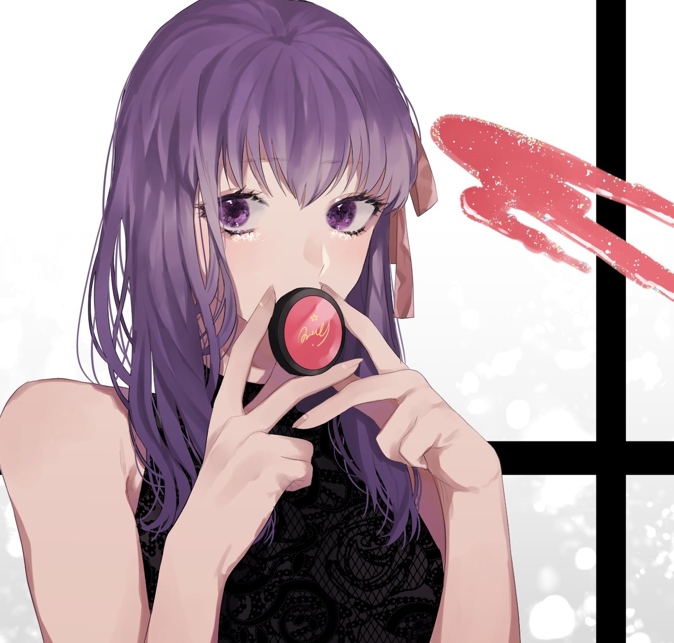 1girl alternate_costume bangs bare_arms bare_shoulders black_background black_dress commentary_request covering_mouth dress eyebrows_visible_through_hair fate/stay_night fate_(series) floral_print hair_ribbon highres holding long_hair looking_at_viewer makeup matou_sakura print_dress purple_hair ribbon shimatori_(sanyyyy) solo upper_body violet_eyes white_background