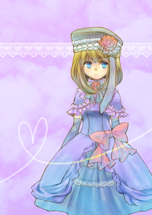 &gt;:( 1girl banquet_of_the_golden_witch black_gloves blue_eyes capelet dress elbow_gloves eva_beatrice eyebrows_visible_through_hair flower frilled_capelet frills frown gloves hat hat_flower heart kazeri lace-trimmed_headwear lace_background lace_trim layered_dress orange_hair purple_capelet purple_dress red_flower red_ribbon red_rose ribbon rose solo umineko_no_naku_koro_ni