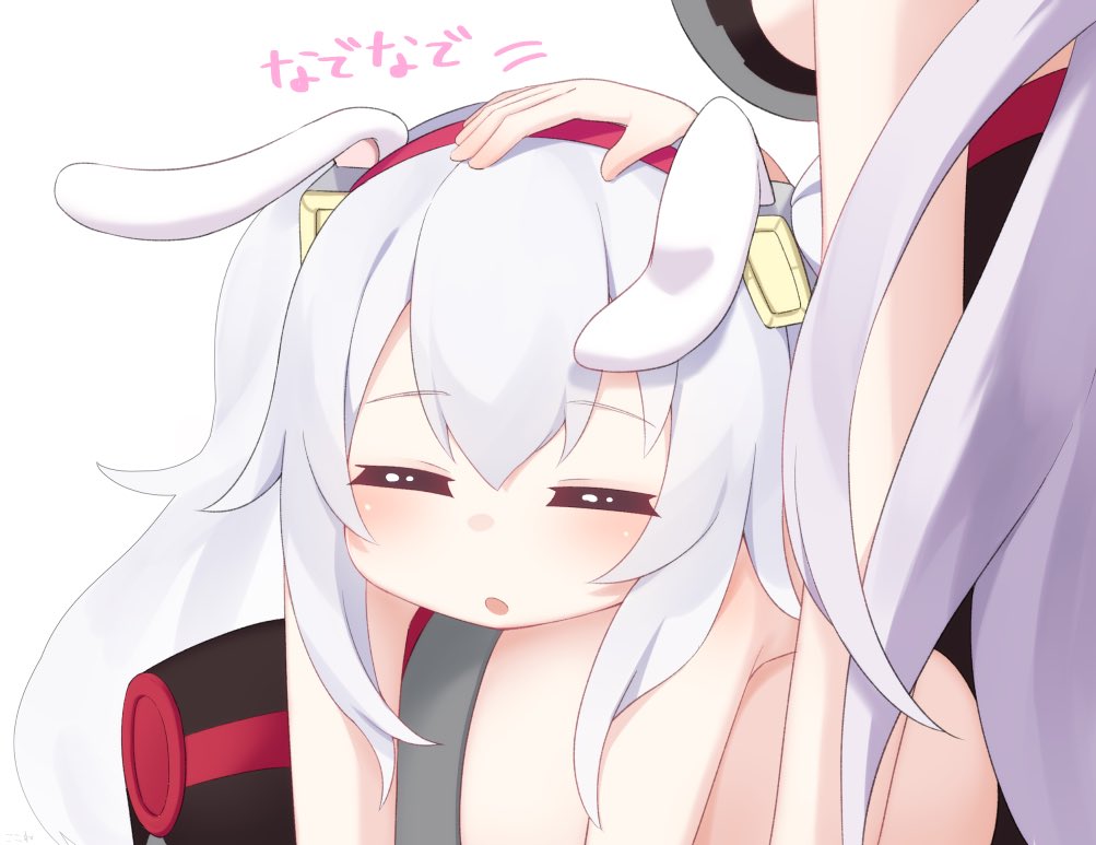 2girls :o animal_ears azur_lane bangs bare_shoulders blush breasts closed_eyes commentary_request eyebrows_visible_through_hair hair_between_eyes hair_ornament hairband kokone_(coconeeeco) laffey_(azur_lane) large_breasts long_hair lying multiple_girls on_lap on_stomach parted_lips petting prinz_eugen_(azur_lane) rabbit_ears red_hairband simple_background translation_request twintails white_background white_hair