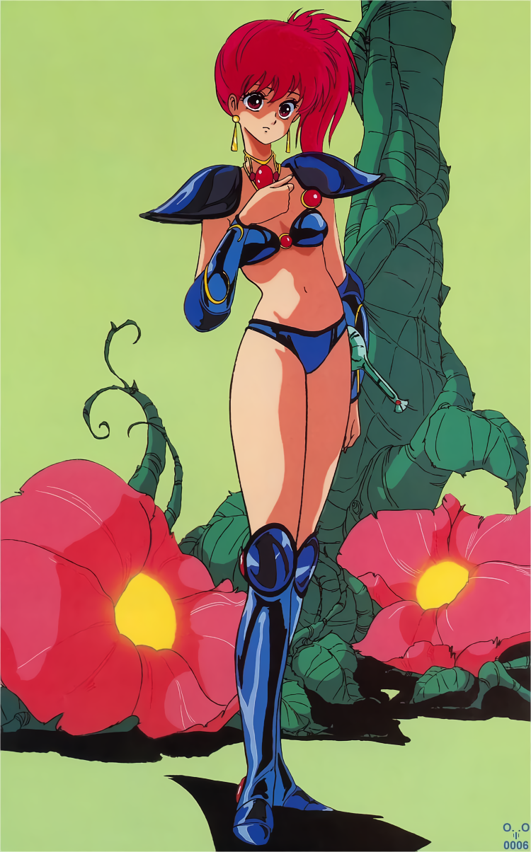 1980s_(style) 1girl armor armored_boots asagiri_youko bangs bikini bikini_armor blue_bikini blue_footwear boots bracer earrings flower full_body genmu_senki_leda green_background highres jewelry knee_boots long_hair official_art pauldrons plant red_eyes redhead retro_artstyle shoulder_armor side_ponytail simple_background solo standing swimsuit