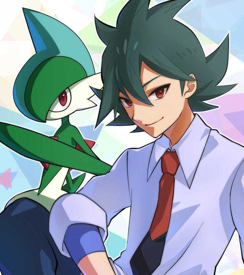 1boy bangs closed_mouth collared_shirt commentary_request gallade gen_4_pokemon green_hair grey_shirt hair_between_eyes male_focus necktie outline pokemon pokemon_(anime) pokemon_(creature) pokemon_swsh_(anime) punico_(punico_poke) red_eyes red_neckwear rinto_(pokemon) shirt sleeves_rolled_up smile two-tone_neckwear undershirt