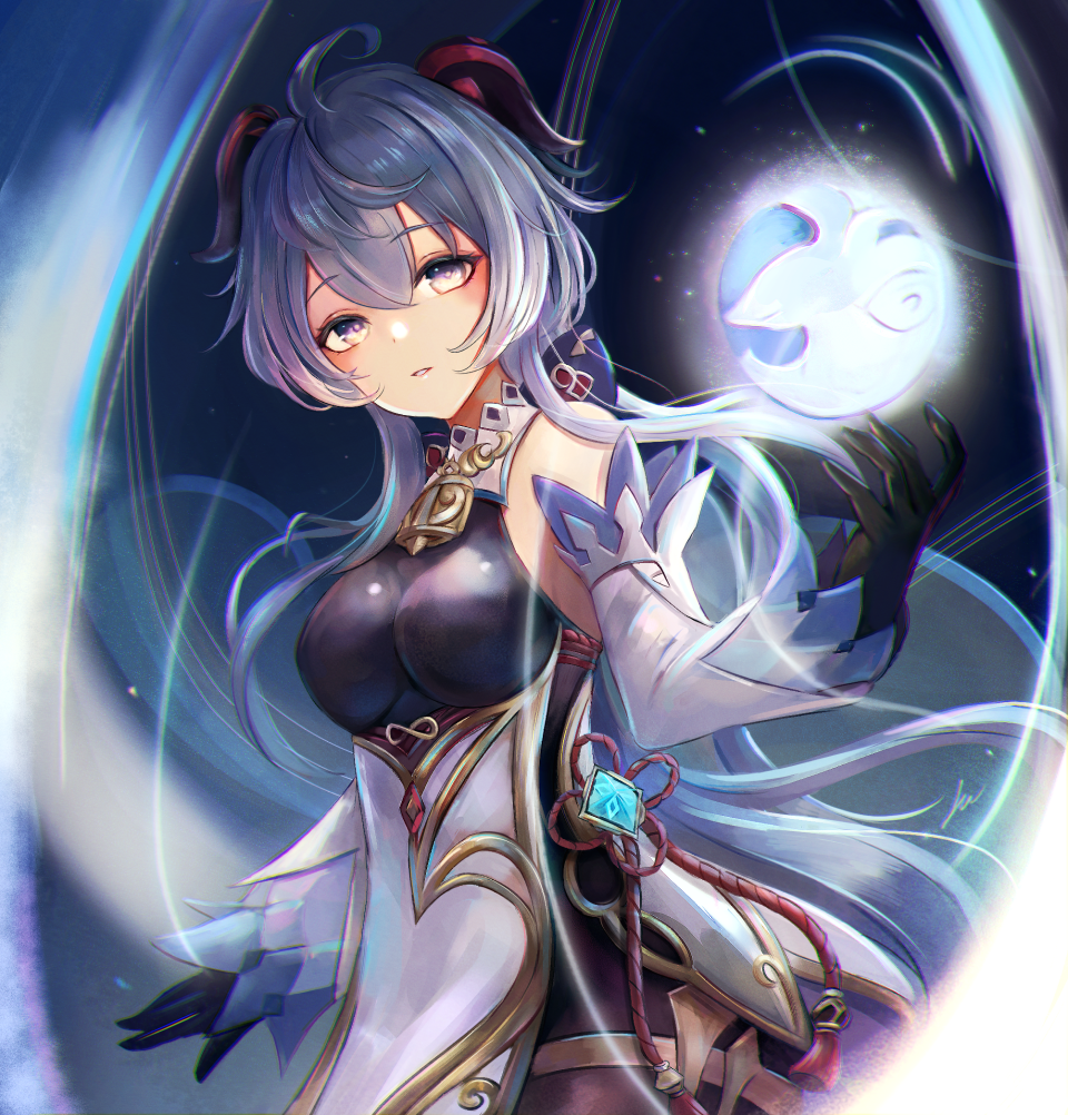 1girl bare_shoulders black_gloves breasts detached_sleeves ganyu_(genshin_impact) genshin_impact gloves goat_horns horns leonmandala light_blue_hair long_hair magic medium_breasts solo very_long_hair