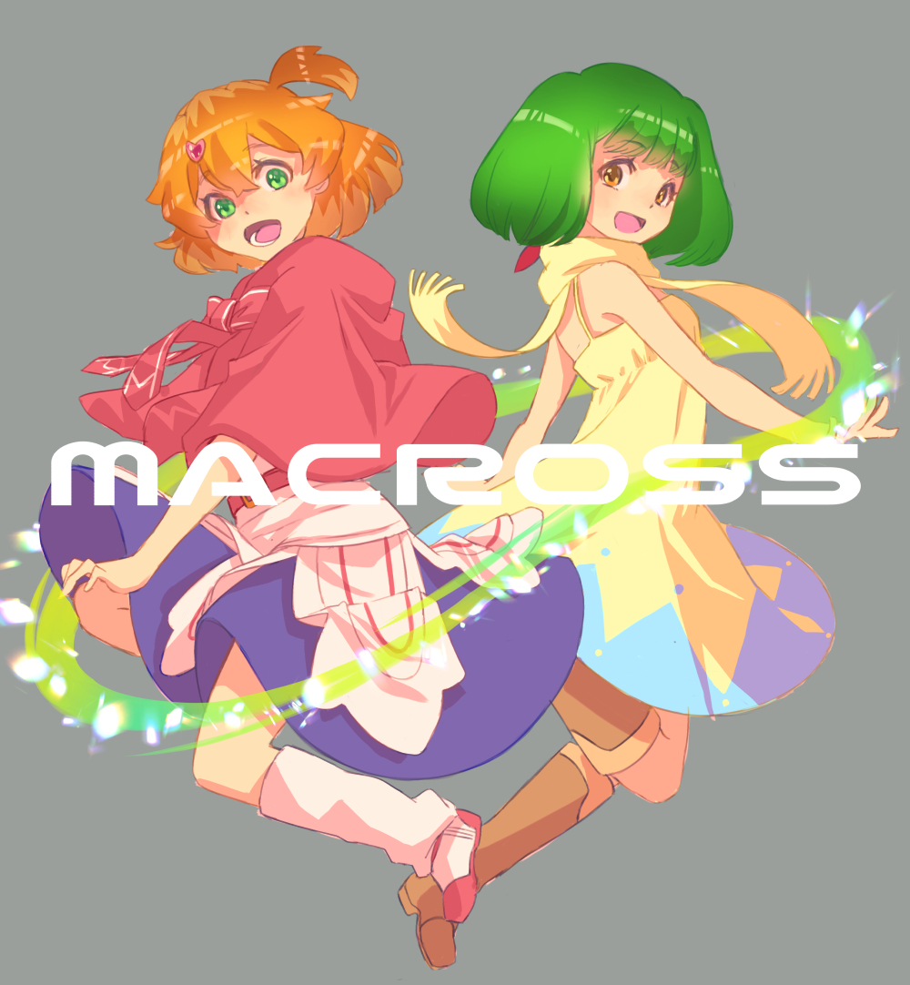 2girls bangs boots brown_eyes capelet copyright_name dress freyja_wion green_eyes green_hair grey_background hair_between_eyes hair_ornament heart heart_hair_ornament jj_(ssspulse) jumping knee_boots looking_at_viewer macross macross_delta macross_frontier multiple_girls open_mouth orange_hair ranka_lee short_hair side_ponytail yellow_dress