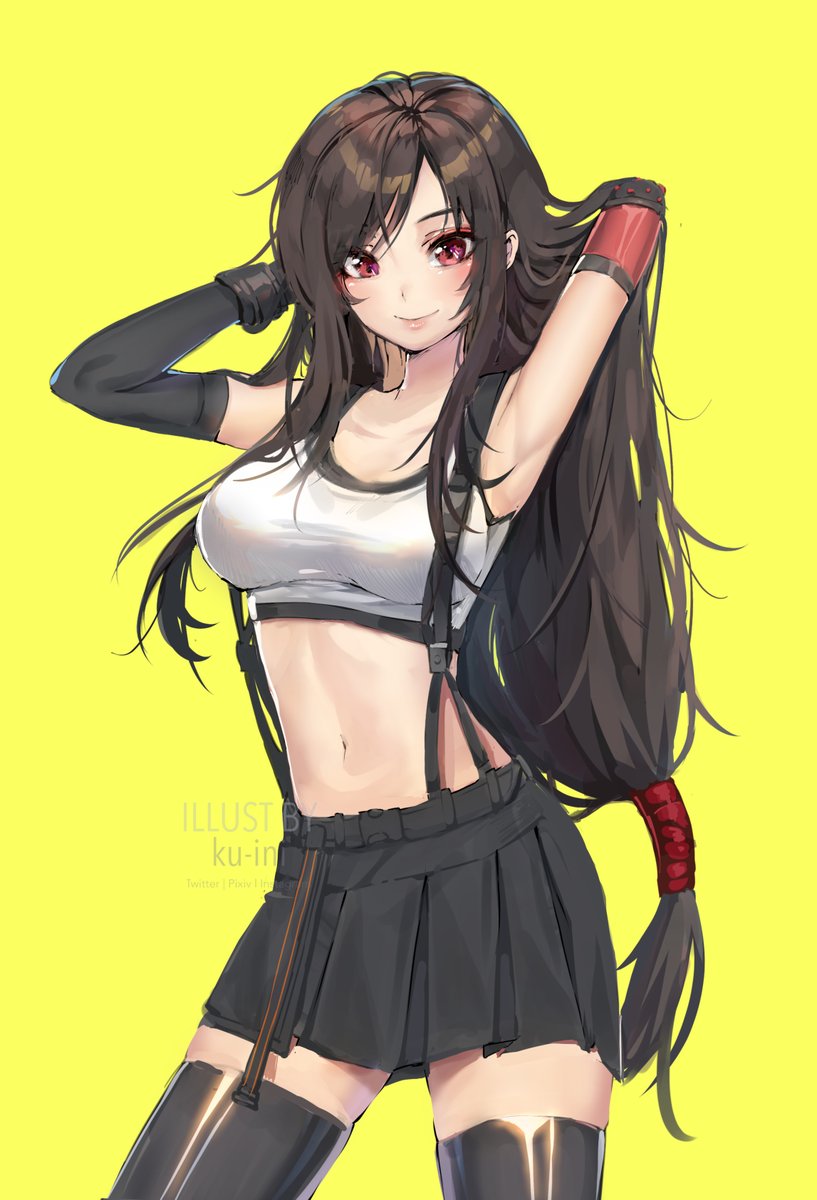 1girl arm_behind_head armpits arms_up bare_shoulders black_gloves black_legwear black_skirt breasts brown_hair collarbone contrapposto cowboy_shot crop_top elbow_gloves final_fantasy final_fantasy_vii final_fantasy_vii_remake gloves highres ku-ini large_breasts long_hair looking_at_viewer low-tied_long_hair midriff miniskirt navel pleated_skirt red_eyes revision shirt simple_background skirt sleeveless sleeveless_shirt smile solo standing stomach suspenders thigh-highs tifa_lockhart very_long_hair white_shirt yellow_background zettai_ryouiki