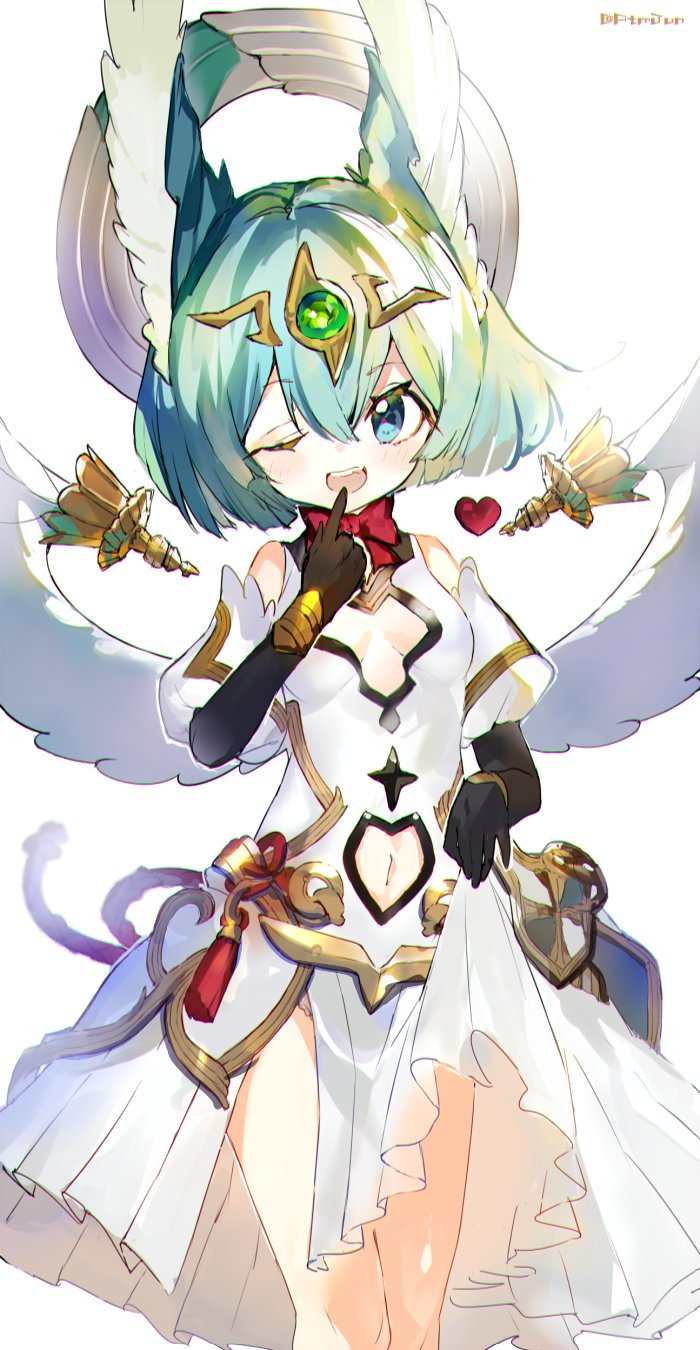 1girl :d animal_ears atsumi_jun bare_shoulders black_gloves blue_eyes blue_hair breasts cleavage_cutout clothing_cutout copyright_request dress dress_lift elbow_gloves gloves hand_up headpiece heart heart_cutout highres looking_at_viewer navel navel_cutout open_mouth puffy_short_sleeves puffy_sleeves short_sleeves simple_background small_breasts smile solo standing white_background white_dress white_wings wings