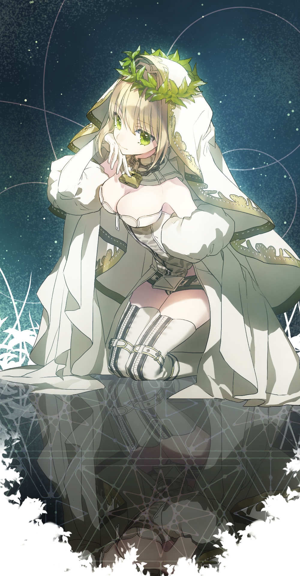 1girl ahoge akamakoto bangs belt blonde_hair boots bridal_veil commentary_request detached_sleeves dress fate/extra fate/extra_ccc fate_(series) gloves green_eyes hair_intakes highres juliet_sleeves laurel_crown lock long_sleeves looking_at_viewer nero_claudius_(bride)_(fate) nero_claudius_(fate)_(all) padlock padlocked_collar puffy_sleeves smile solo thigh-highs thigh_boots veil wedding_dress white_dress white_footwear white_gloves zipper zipper_pull_tab