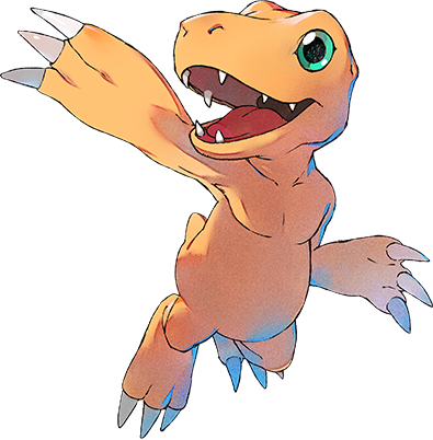 agumon airborne arm_up claws creature digimon digimon_survive full_body green_eyes lowres no_humans official_art open_mouth reptile shiny shiny_skin smile solo tail teeth tongue transparent_background ukumo_uichi