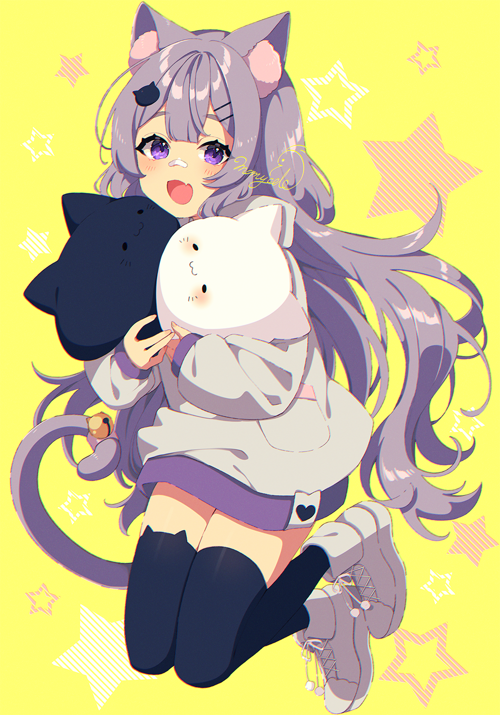 1girl :d animal_band_legwear animal_ear_fluff animal_ears bangs bell black_legwear blush boots cat_band_legwear cat_ears cat_girl cat_hair_ornament cat_tail commentary_request copyright_request eyebrows_behind_hair fang full_body grey_hair grey_hoodie hair_ornament hairclip highres hood hood_down hoodie jingle_bell looking_at_viewer mamyouda open_mouth signature smile solo starry_background stuffed_animal stuffed_cat stuffed_toy tail tail_bell tail_ornament thigh-highs violet_eyes virtual_youtuber white_footwear yellow_background