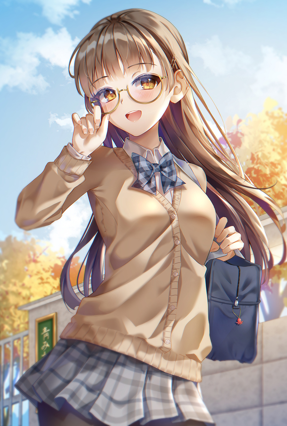 1girl :d autumn bag bag_charm bangs bow breasts brown-framed_eyewear brown_hair charm_(object) connie_(keean2019) cowboy_shot day duffel_bag eyebrows_visible_through_hair fingernails glasses grey_bow grey_neckwear grey_skirt hair_ornament hairclip highres long_fingernails long_sleeves looking_at_viewer medium_breasts miniskirt open_mouth original outdoors plaid plaid_bow plaid_neckwear plaid_skirt pleated_skirt school_uniform semi-rimless_eyewear skirt smile solo under-rim_eyewear yellow_eyes