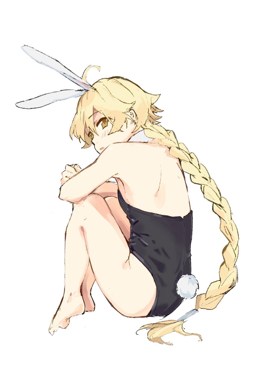 1boy aether_(genshin_impact) ahoge animal_ears bangs bare_shoulders barefoot blonde_hair blush braid braided_ponytail bunny_tail crossed_arms detached_collar eyebrows_visible_through_hair fake_animal_ears fake_tail from_behind genshin_impact hair_between_eyes highres long_hair looking_at_viewer male_playboy_bunny mamt56 open_mouth playboy_bunny ponytail rabbit_ears simple_background tail white_background