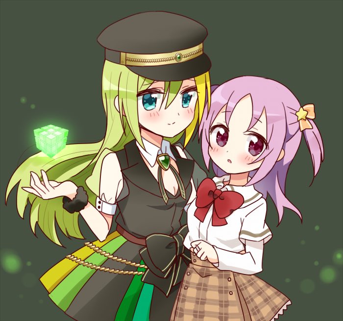 2girls alina_gray aqua_eyes bangs black_bow black_headwear black_necktie black_vest blunt_ends blush bow brooch chain collar cross_tie detached_collar fur_cuffs gem green_gemstone green_hair hair_between_eyes hair_ornament hat jewelry lapels long_hair magia_record:_mahou_shoujo_madoka_magica_gaiden magical_girl mahou_shoujo_madoka_magica medium_hair miniskirt misono_karin miyuara multicolored_clothes multicolored_hair multicolored_skirt multiple_girls necktie notched_lapels open_mouth parted_bangs parted_hair peaked_cap pleated_skirt puffy_short_sleeves puffy_sleeves purple_hair ribbon sakae_general_school_uniform school_uniform see-through see-through_sleeves shirt short_sleeves sidelocks skirt sleeve_cuffs smile star_(symbol) straight_hair streaked_hair striped striped_skirt two_side_up v-neck vertical-striped_skirt vertical_stripes very_long_hair vest violet_eyes waist_bow white_collar white_sleeves