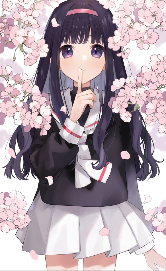 1girl bangs black_hair blunt_bangs blush cardcaptor_sakura chiri_(ch!) daidouji_tomoyo flower hairband index_finger_raised long_hair long_sleeves looking_at_viewer miniskirt multiple_girls pink_flower pleated_skirt school_uniform simple_background skirt smile solo tomoeda_elementary_school_uniform violet_eyes white_background white_neckwear white_skirt