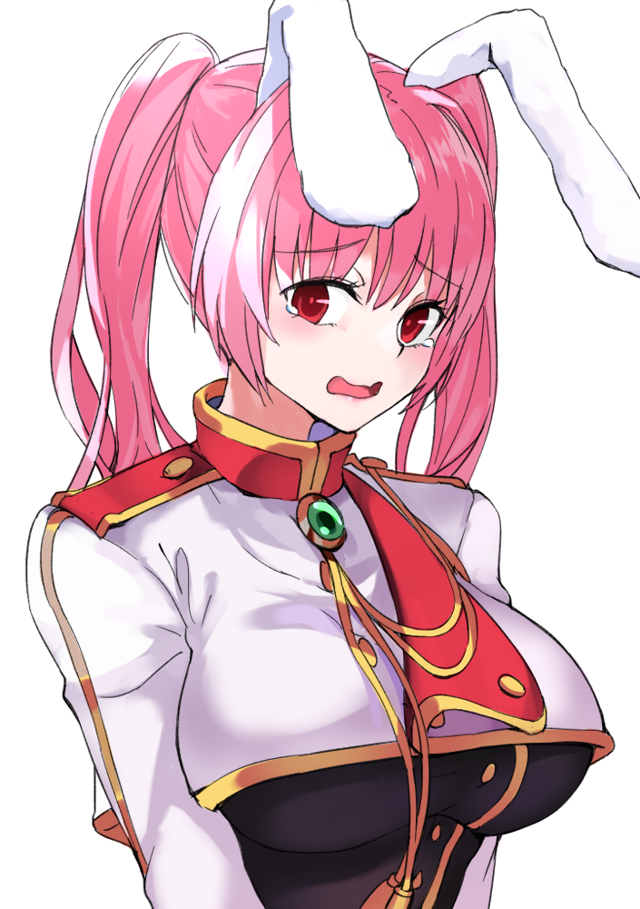 1girl animal_ears black_leotard chiester45 crop_top leotard long_sleeves military_jacket nervous open_mouth pink_hair rabbit_ears red_eyes solo tearing_up tears twintails umineko_no_naku_koro_ni upper_body usuaji white_background