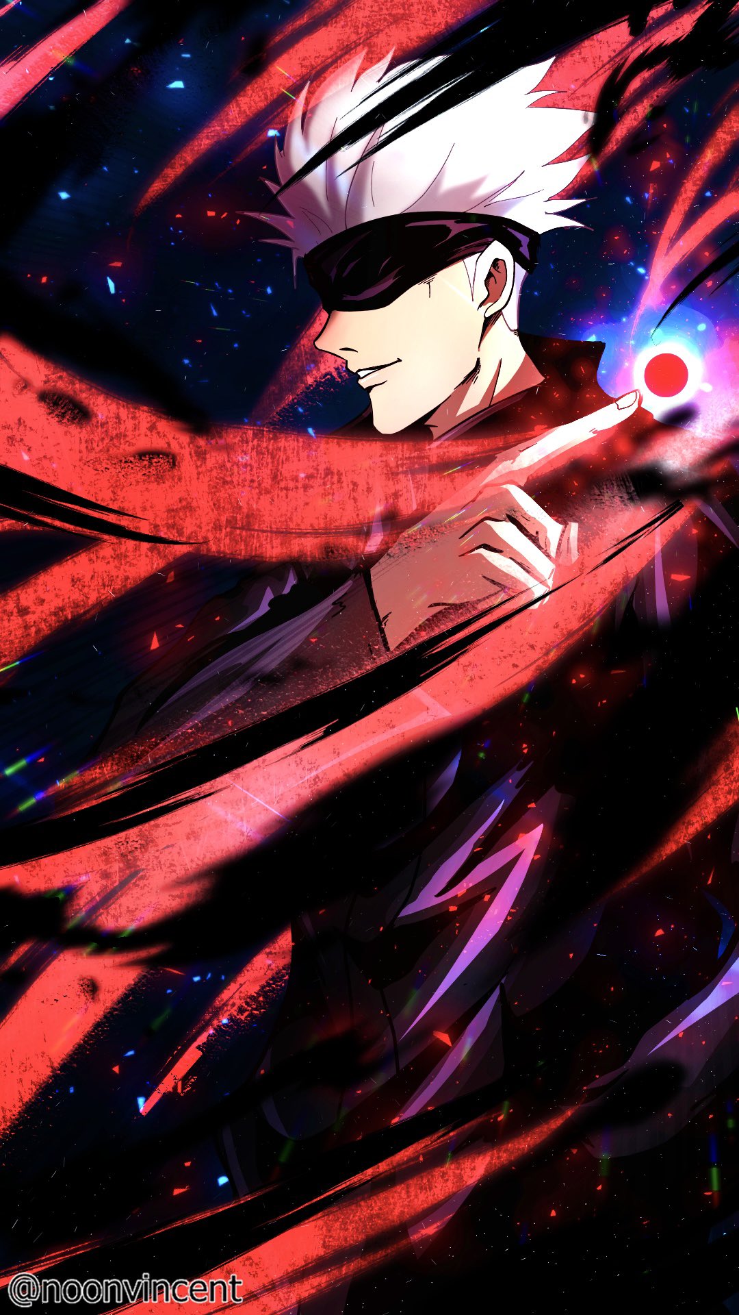 1boy aura black_jacket blindfold covered_eyes gojou_satoru grin hand_up high_collar highres jacket jujutsu_kaisen long_sleeves looking_at_viewer male_focus noonvincent parted_lips powering_up short_hair silver_hair smile solo spiky_hair upper_body white_hair