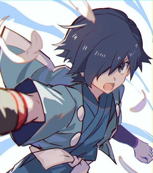 1boy bangs black_hair clenched_hand commentary_request falkner_(pokemon) feathers gym_leader hair_over_one_eye japanese_clothes male_focus open_mouth pokemon pokemon_(game) pokemon_hgss sash short_hair solo tongue tpi_ri wristband